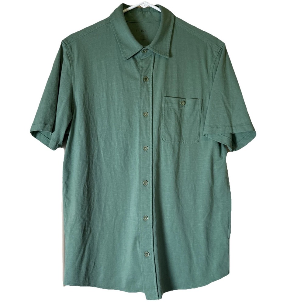 LL Bean Men's M Green Slightly Fitted Organic Cotton Short Sleeve ButtonUp
